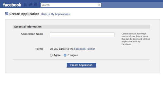 Facebook create application screen